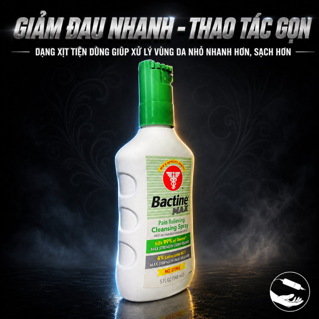 Bactine MAX Pain Relieving Cleansing Spray 148ml là xịt làm sạch ngoài da, có Lidocaine HCl 4% hỗ trợ giảm đau tạm thời và Benzalkonium Chloride 0.13% hỗ trợ sát khuẩn sơ cứu cho các vết cắt, trầy xước, bỏng nhẹ và kích ứng da nhỏ theo hướng dẫn trên nhãn.