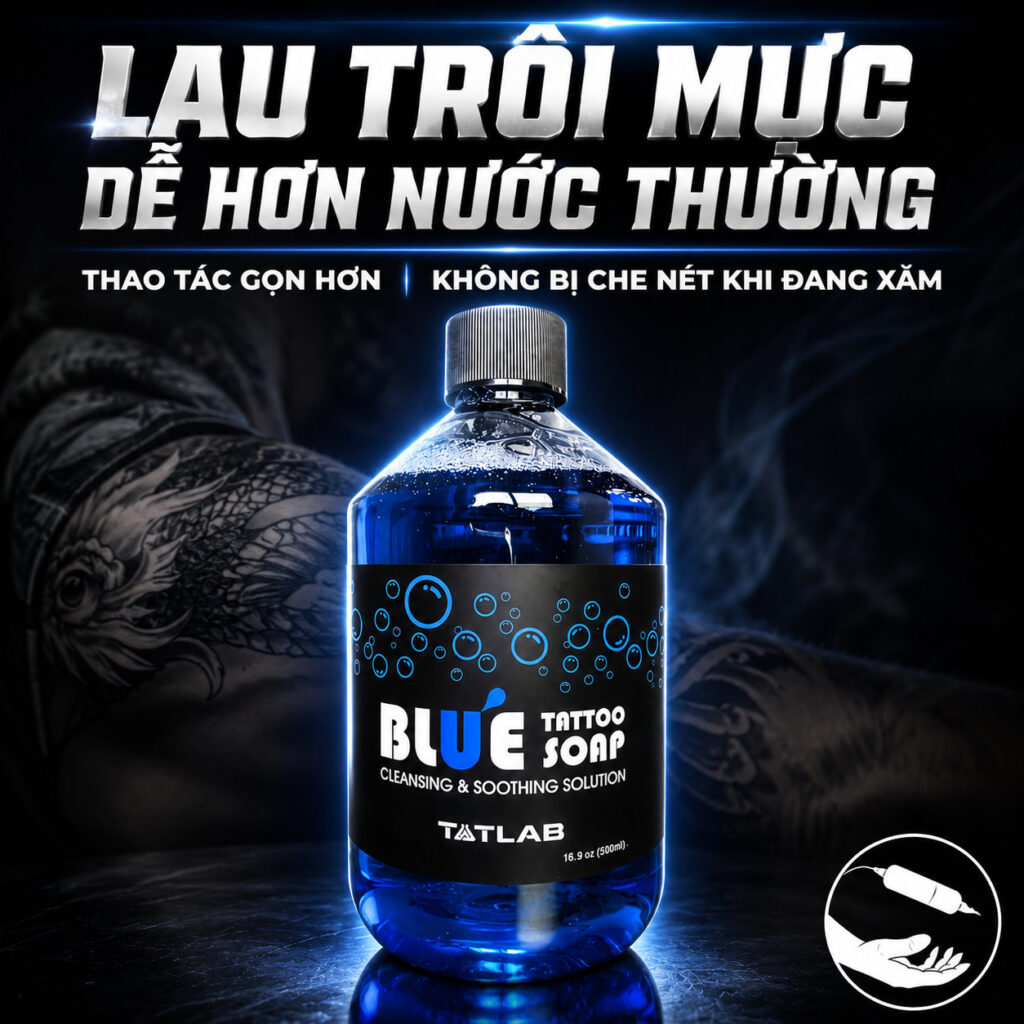 blue-soap-chinh-hang-nuoc-rua-hinh-xam-2 (3) (1) Blue Tattoo Soap TATLAB 500ml là dung dịch vệ sinh dùng trong quá trình xăm, hỗ trợ làm sạch mực thừa trên da, tạo bọt nhẹ, cho cảm giác mát dịu và giúp thợ xăm nhìn rõ đường kim hơn khi thao tác.