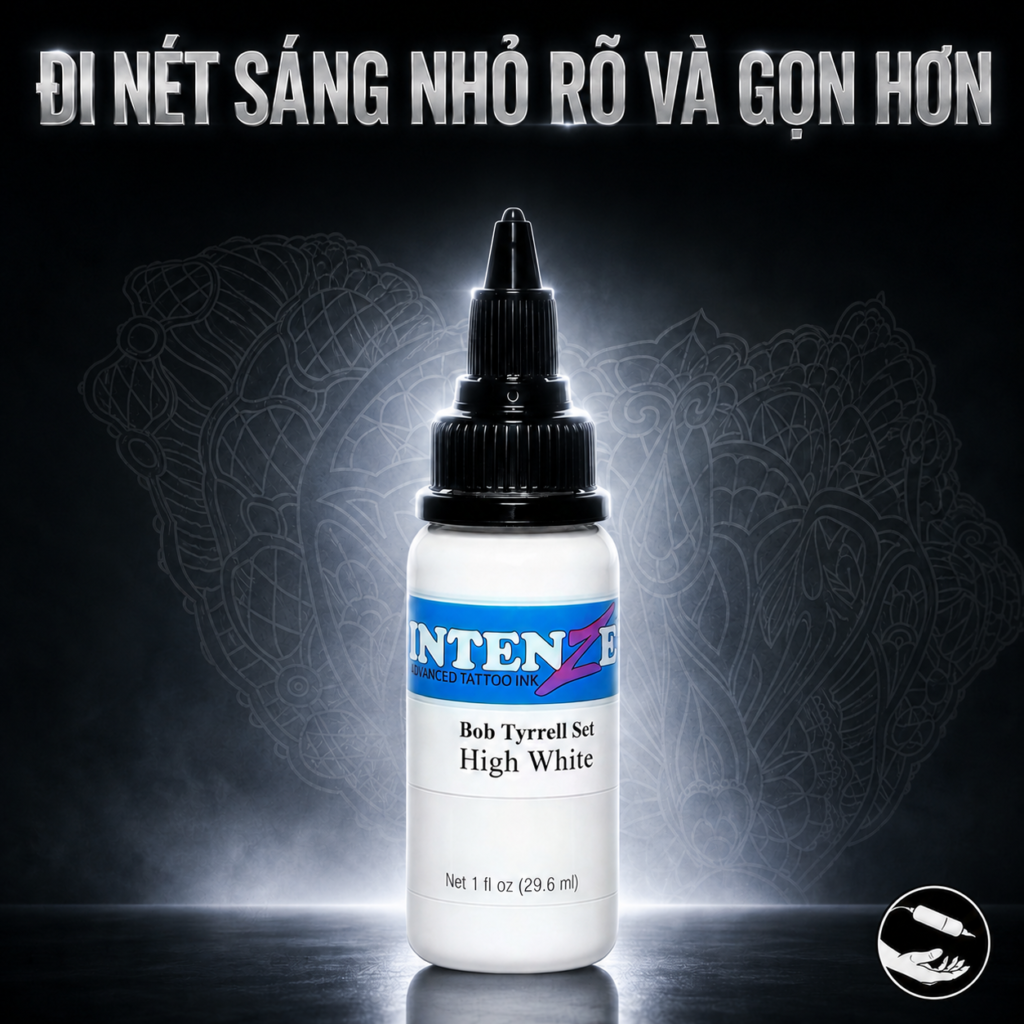 intenze-high-white-tattoo-ink-chinh-hang (2) (1) Mực xăm trắng Intenze High White Bob Tyrrell hỗ trợ tạo điểm nhấn sáng, tăng độ tương phản và giữ vùng highlight rõ hơn trong các tác phẩm tattoo chuyên nghiệp.