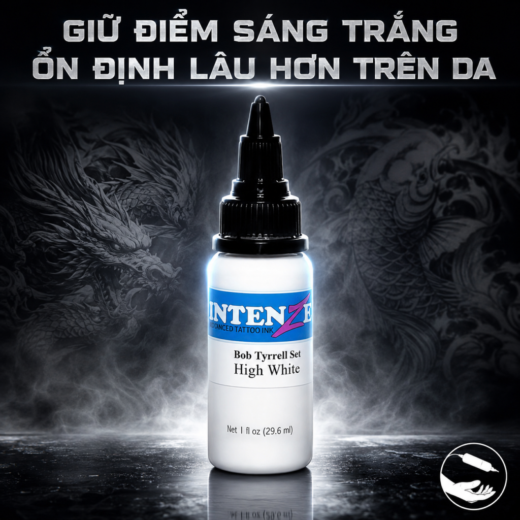 intenze-high-white-tattoo-ink-chinh-hang (3) (1) Mực xăm trắng Intenze High White Bob Tyrrell hỗ trợ tạo điểm nhấn sáng, tăng độ tương phản và giữ vùng highlight rõ hơn trong các tác phẩm tattoo chuyên nghiệp.