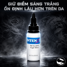 Mực xăm trắng Intenze High White Bob Tyrrell hỗ trợ tạo điểm nhấn sáng, tăng độ tương phản và giữ vùng highlight rõ hơn trong các tác phẩm tattoo chuyên nghiệp.