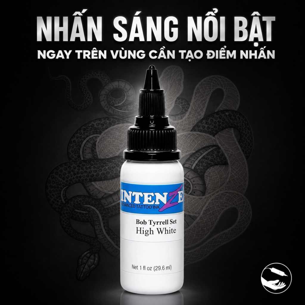 intenze-high-white-tattoo-ink-chinh-hang (4) (1) Mực xăm trắng Intenze High White Bob Tyrrell hỗ trợ tạo điểm nhấn sáng, tăng độ tương phản và giữ vùng highlight rõ hơn trong các tác phẩm tattoo chuyên nghiệp.