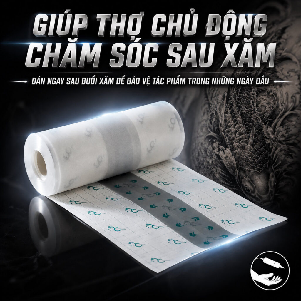 mang-boc-hinh-xam-og-aftercare-wrap (4) Màng bọc hình xăm OG Tattoo Aftercare Wrap 15cm x 10m là film polyurethane siêu mỏng, thoáng khí, dùng để che phủ và bảo vệ bề mặt hình xăm sau khi hoàn thiện, giúp hạn chế bụi bẩn, ma sát và tiếp xúc trực tiếp với môi trường bên ngoài.