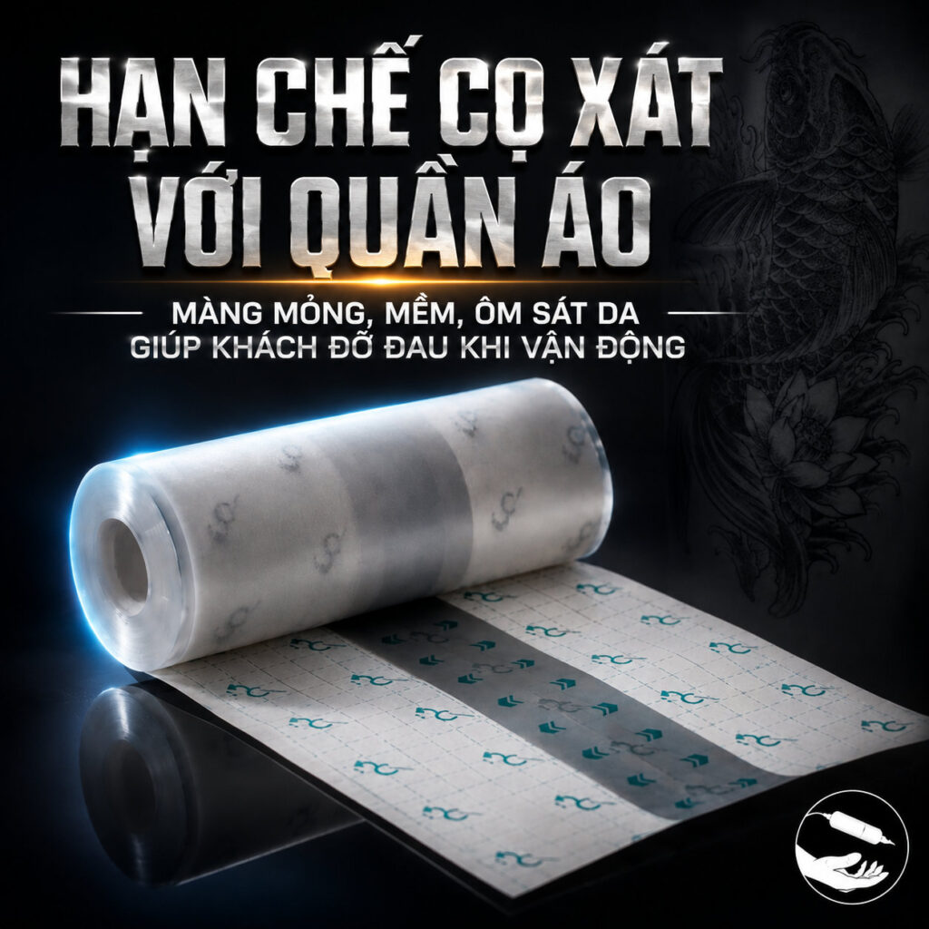 mang-boc-hinh-xam-og-aftercare-wrap (6) Màng bọc hình xăm OG Tattoo Aftercare Wrap 15cm x 10m là film polyurethane siêu mỏng, thoáng khí, dùng để che phủ và bảo vệ bề mặt hình xăm sau khi hoàn thiện, giúp hạn chế bụi bẩn, ma sát và tiếp xúc trực tiếp với môi trường bên ngoài.