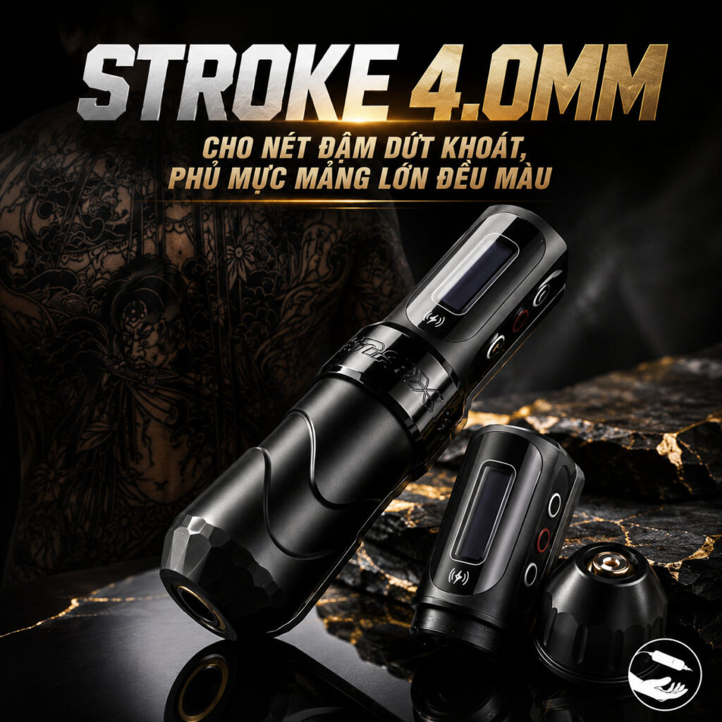may-xam-flux-max-khong-day- (7) Máy xăm Flux Max nội địa Trung stroke 4.0mm, 2 pin 2400mAh kèm đầu chuyển RCA và dây sạc USB-C
