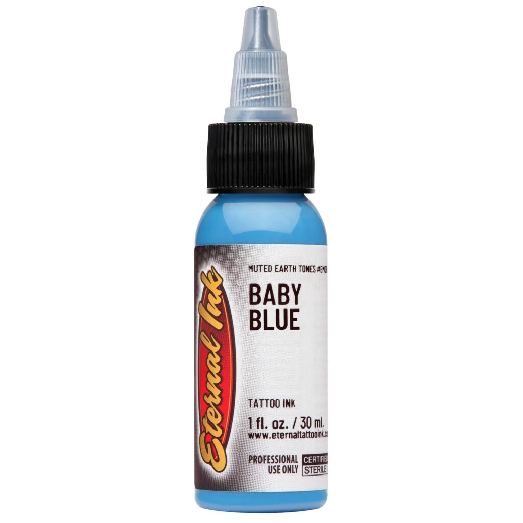 Mực xăm Eternal Baby Blue chính hãng là tông xanh baby nhạt, phù hợp cho tattoo màu, phối màu bầu trời, nước, hoa, mây, fantasy, tả thực màu và các thiết kế cần sắc xanh sáng mềm.