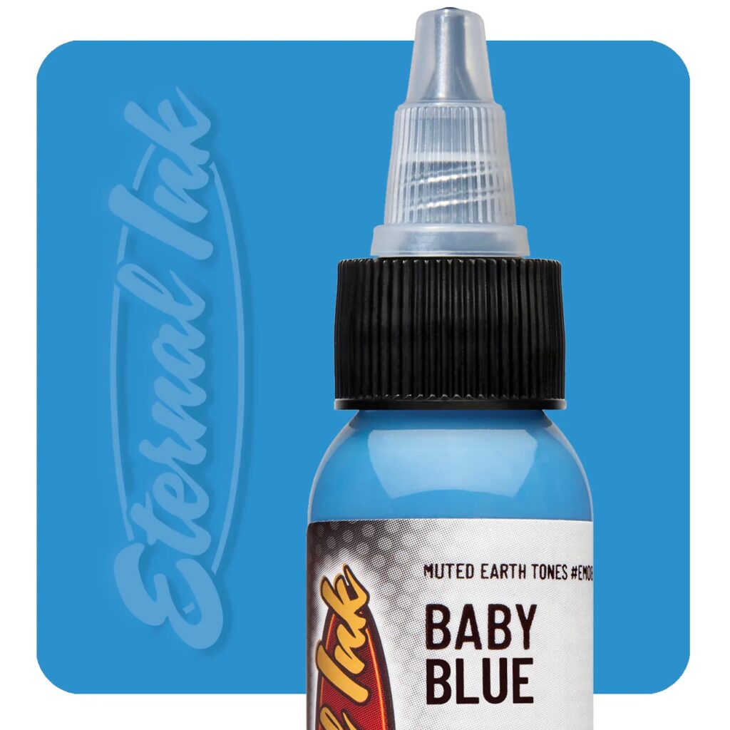Mực xăm Eternal Baby Blue chính hãng là tông xanh baby nhạt, phù hợp cho tattoo màu, phối màu bầu trời, nước, hoa, mây, fantasy, tả thực màu và các thiết kế cần sắc xanh sáng mềm.
