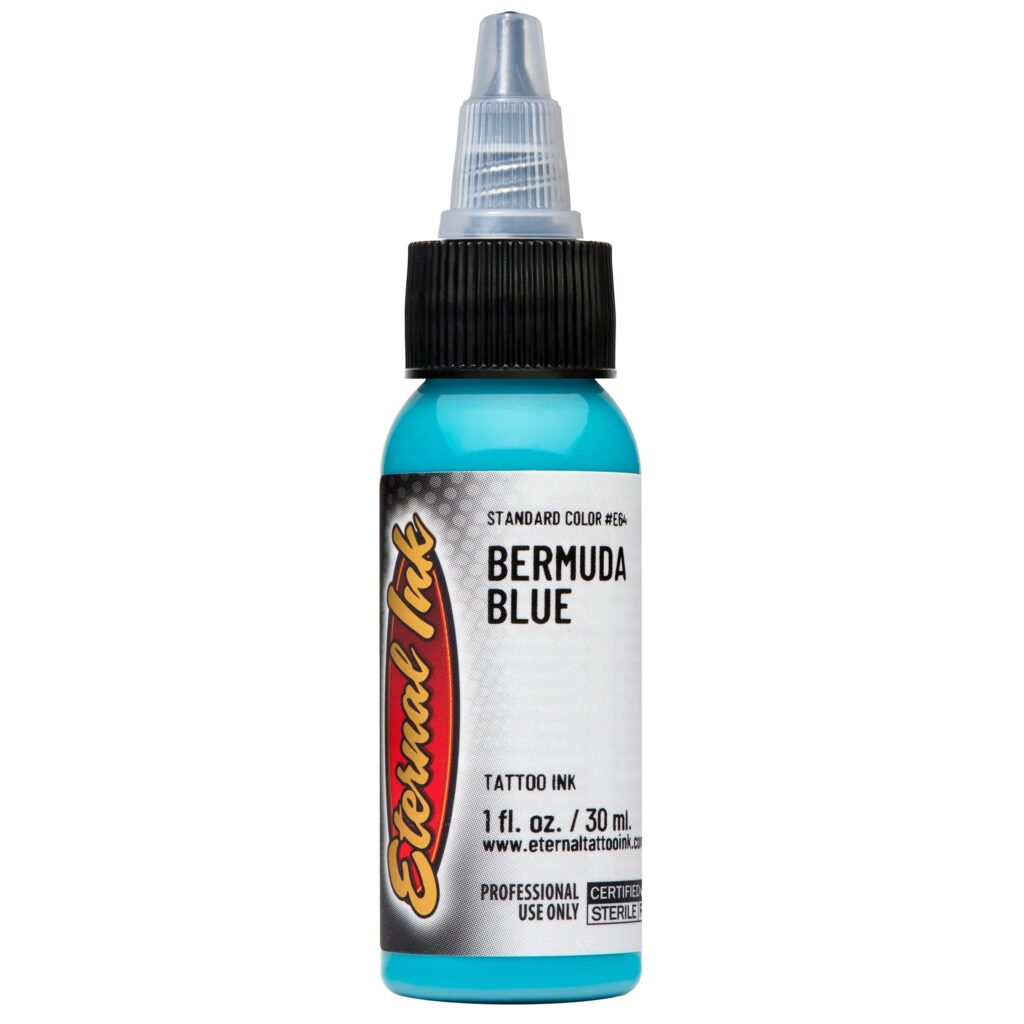 Mực xăm Eternal Bermuda Blue chính hãng là tông xanh biển sáng, phù hợp cho tattoo màu, phối màu nước, sóng, bầu trời, rồng, rắn, hoa lá và các thiết kế cần sắc xanh nổi bật.