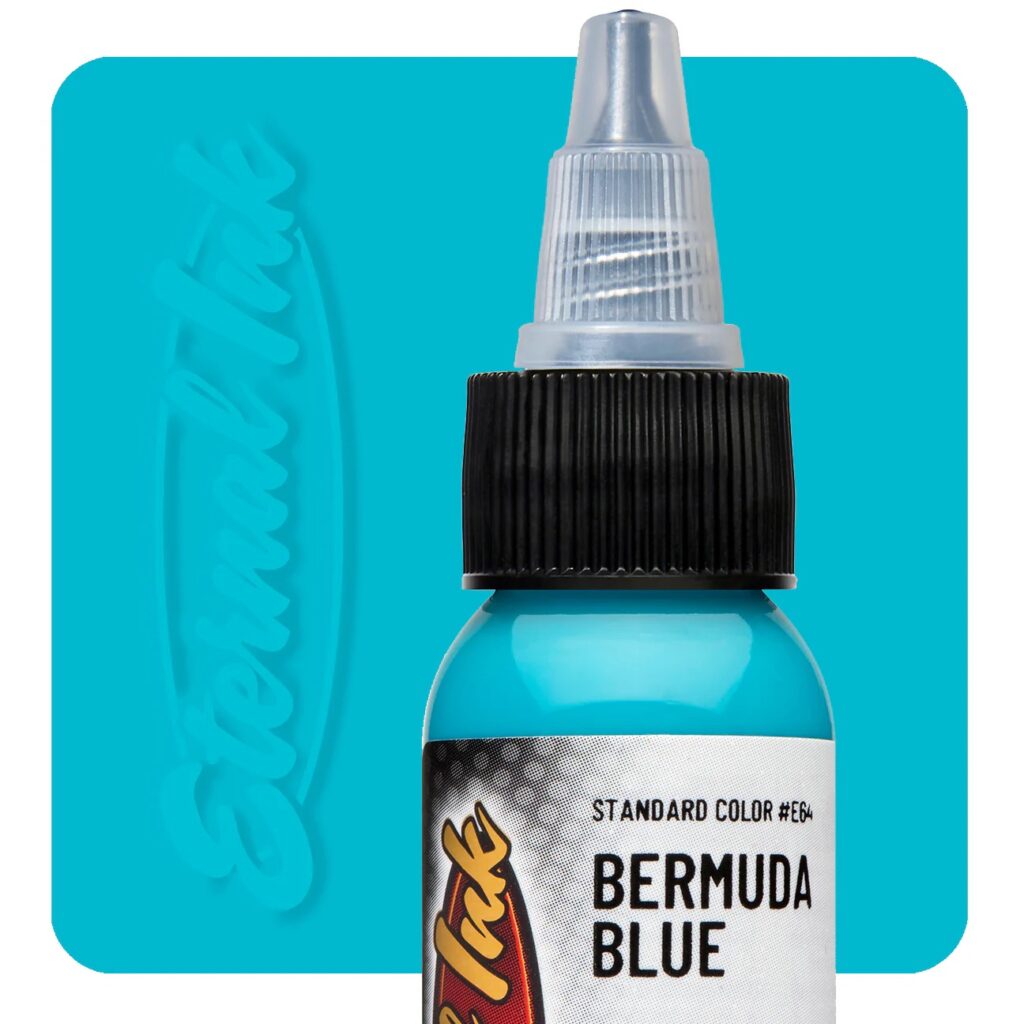 Mực xăm Eternal Bermuda Blue chính hãng là tông xanh biển sáng, phù hợp cho tattoo màu, phối màu nước, sóng, bầu trời, rồng, rắn, hoa lá và các thiết kế cần sắc xanh nổi bật.