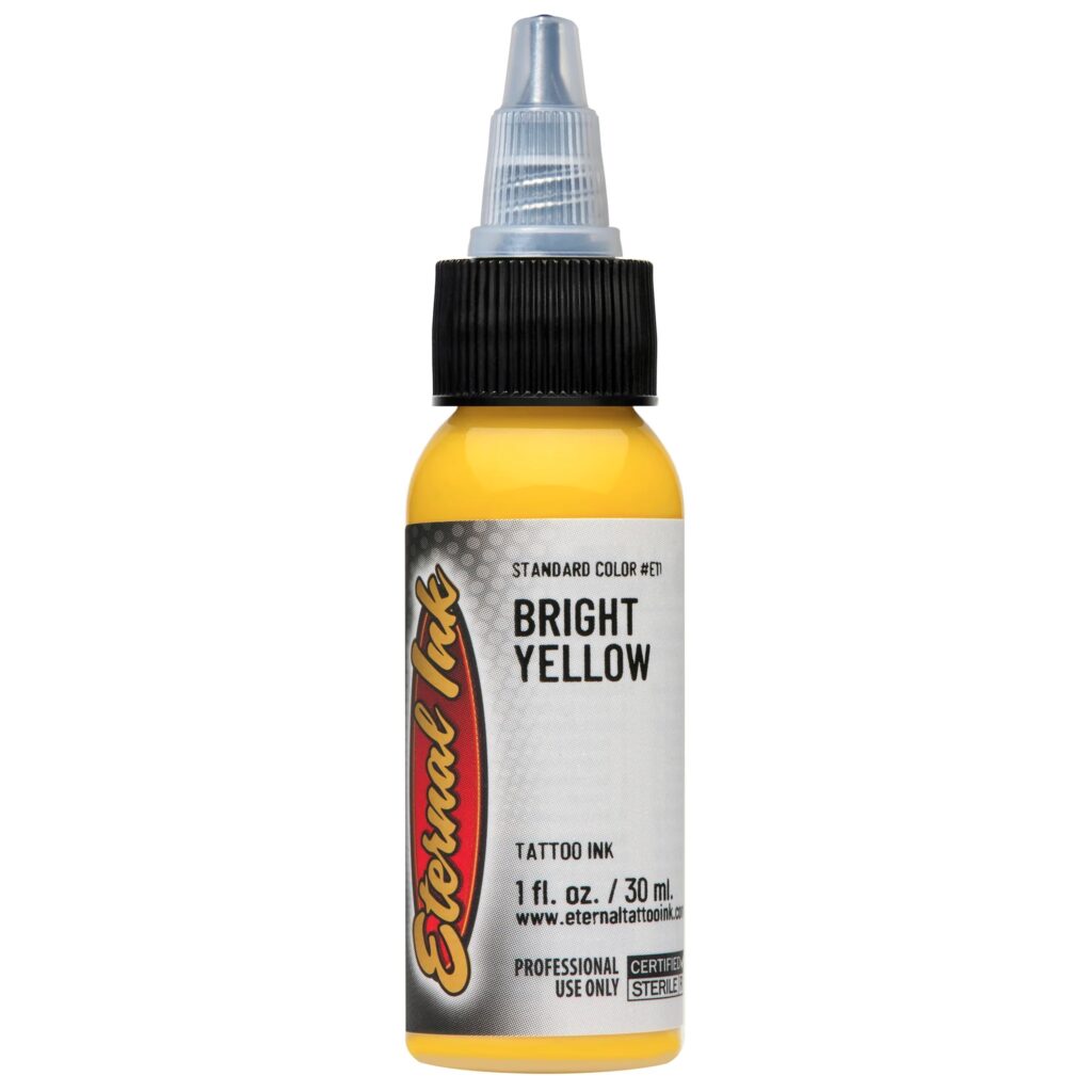 Mực xăm Eternal Bright Yellow chính hãng là tông vàng tươi sáng, phù hợp cho tattoo màu, phối màu hoa, lửa, ánh sáng, rồng, rắn, Nhật cổ, old school, neo traditional và các thiết kế cần sắc vàng nổi bật.