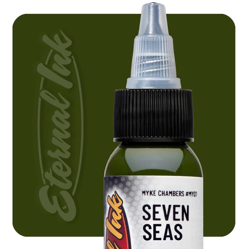 muc-xam-eternal-chinh-hang-seven-seas Mực xăm Eternal Seven Seas chính hãng là tông xanh rêu trầm, phù hợp cho tattoo màu, phối màu rắn, rồng, lá cây, Nhật cổ, tả thực màu và các thiết kế cần sắc xanh có chiều sâu.