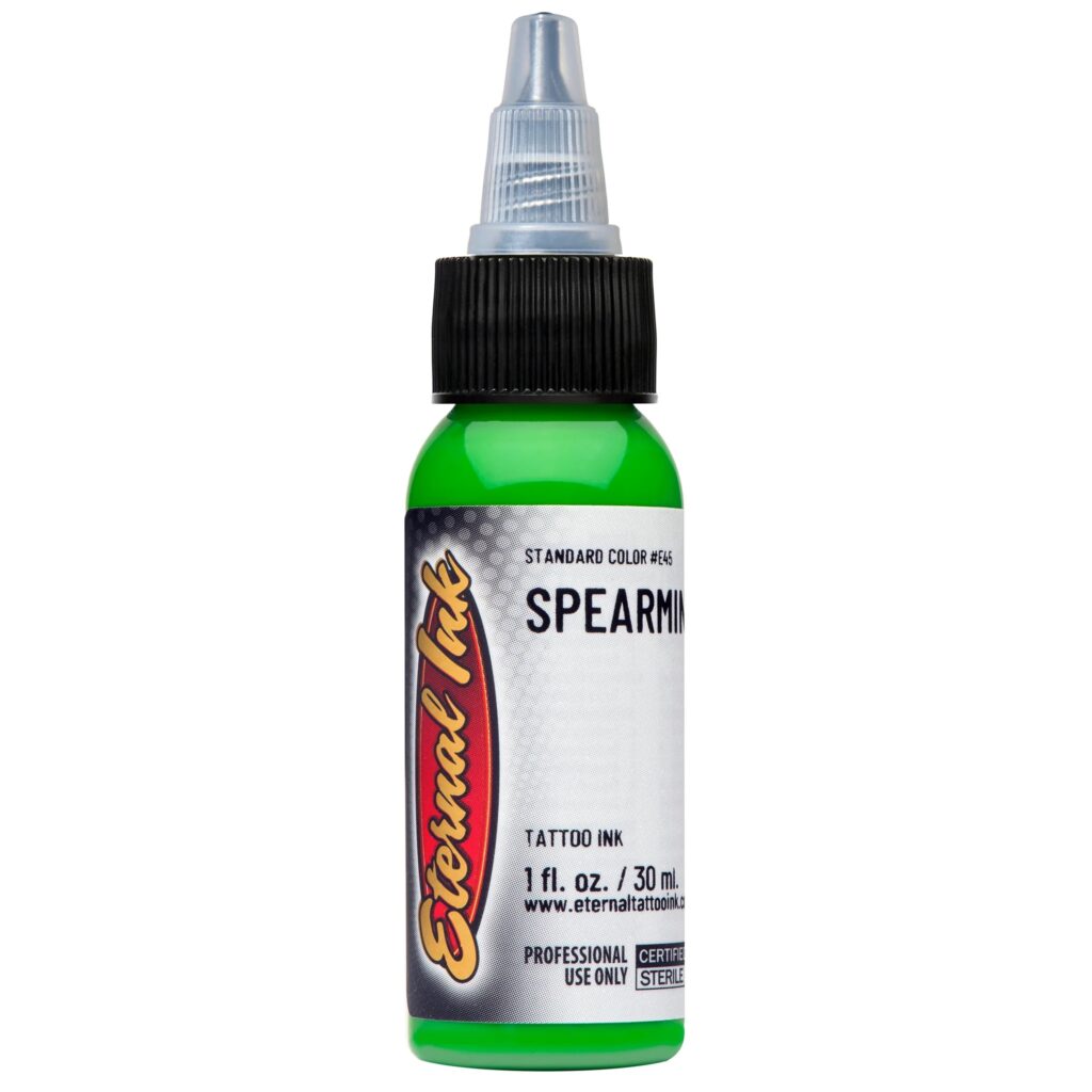 muc-xam-eternal-chinh-hang-spearmint- Eternal Spearmint là tông xanh bạc hà sáng, phù hợp phối màu hoa lá, fantasy, neo traditional và tattoo màu cần điểm nhấn tươi.