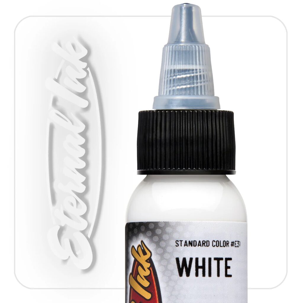 muc-xam-eternal-chinh-hang-white (3) Mực xăm Eternal White chính hãng là dòng mực trắng dùng cho tattoo, phù hợp để nhấn sáng, tạo highlight, chuyển tông, tăng độ tương phản và xử lý các chi tiết cần sắc trắng rõ trong hình xăm.