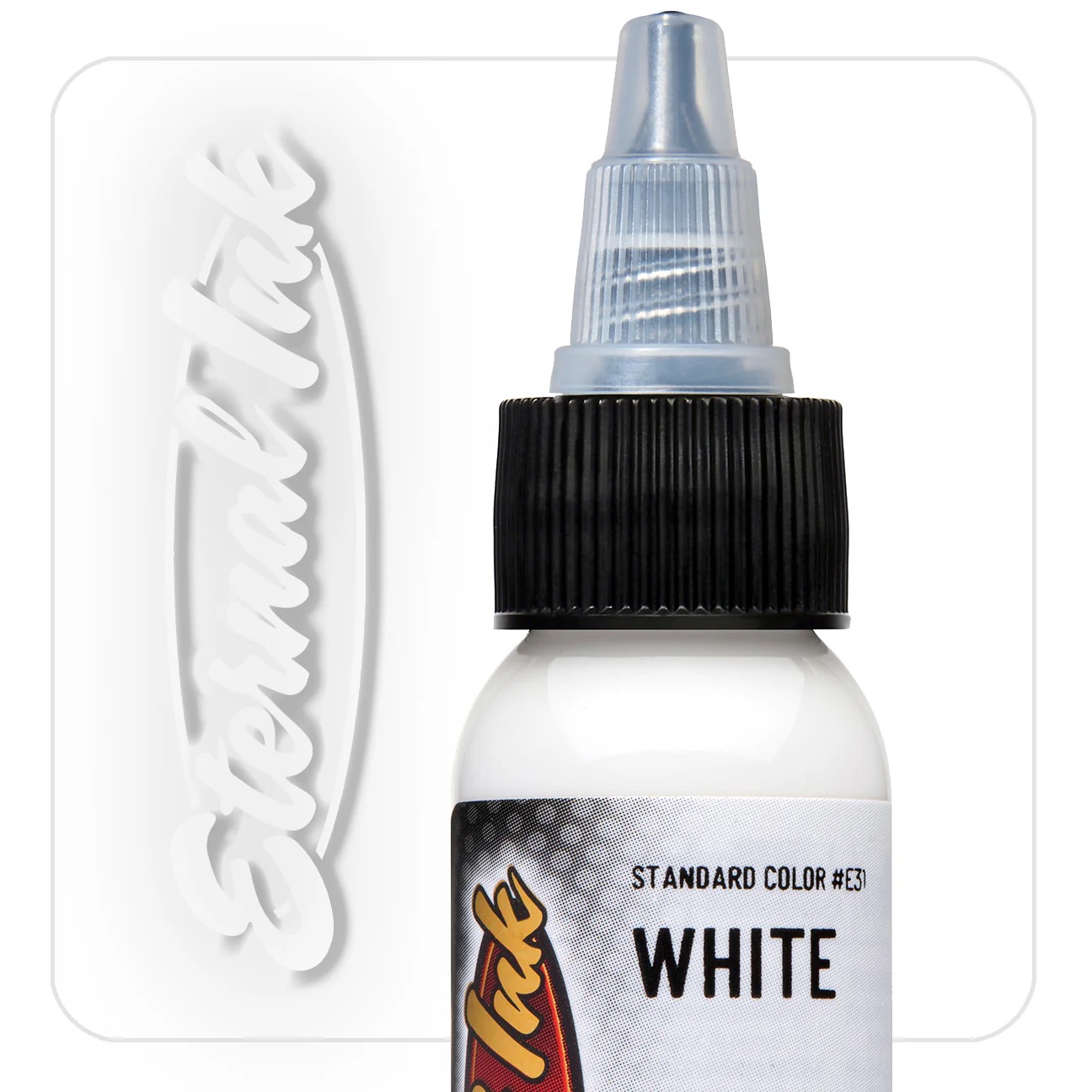 Chai mực xăm trắng Eternal Ink White E31 Standard Color 1oz cận cảnh nắp vặn