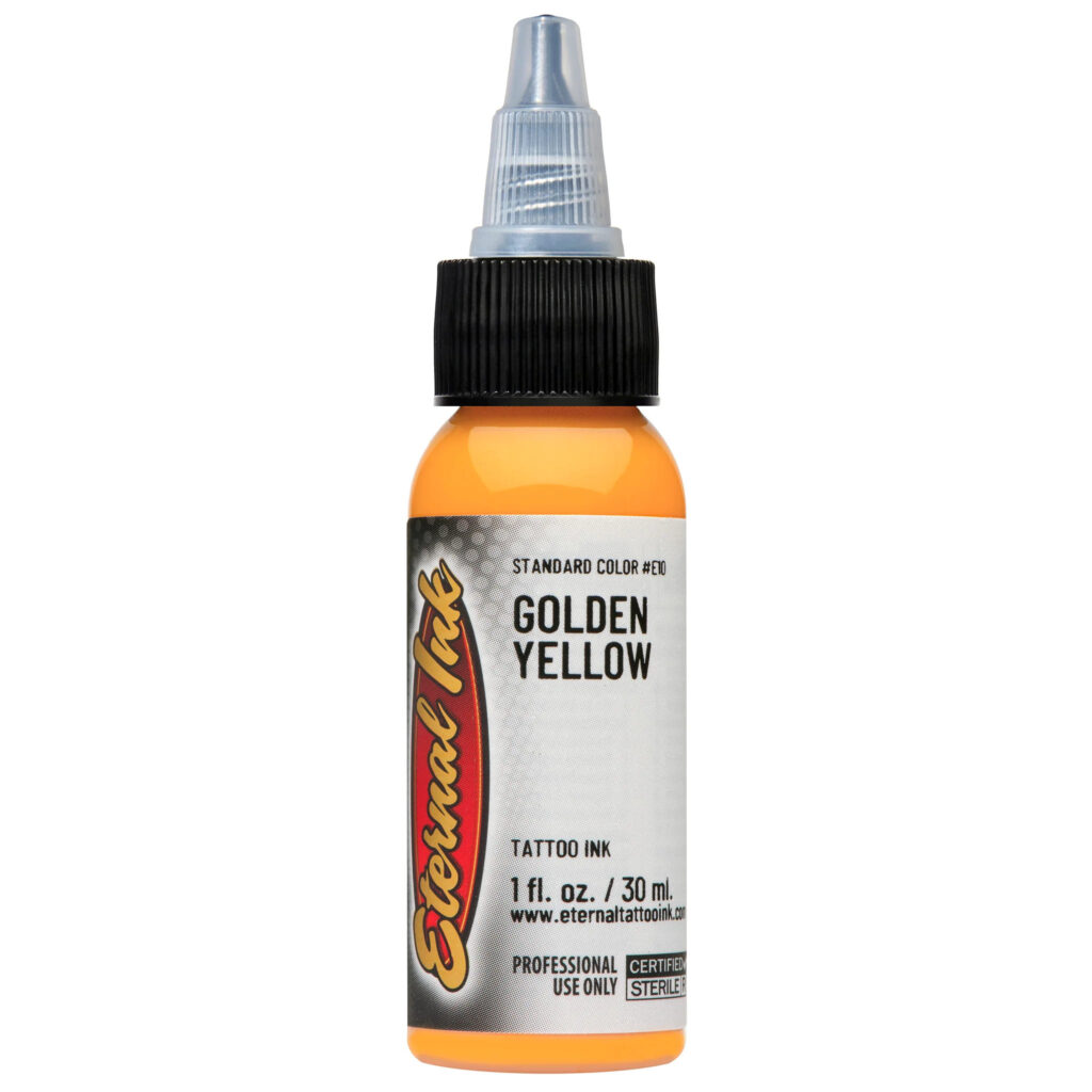 muc-xam-eternal-golden-yellow-1oz-30ml-chinh-hang (1) Mực xăm Eternal Golden Yellow chính hãng là tông vàng golden ấm, phù hợp cho tattoo màu, phối màu hoa, lửa, ánh sáng, rồng, rắn, Nhật cổ, old school, neo traditional và các thiết kế cần sắc vàng nổi bật.