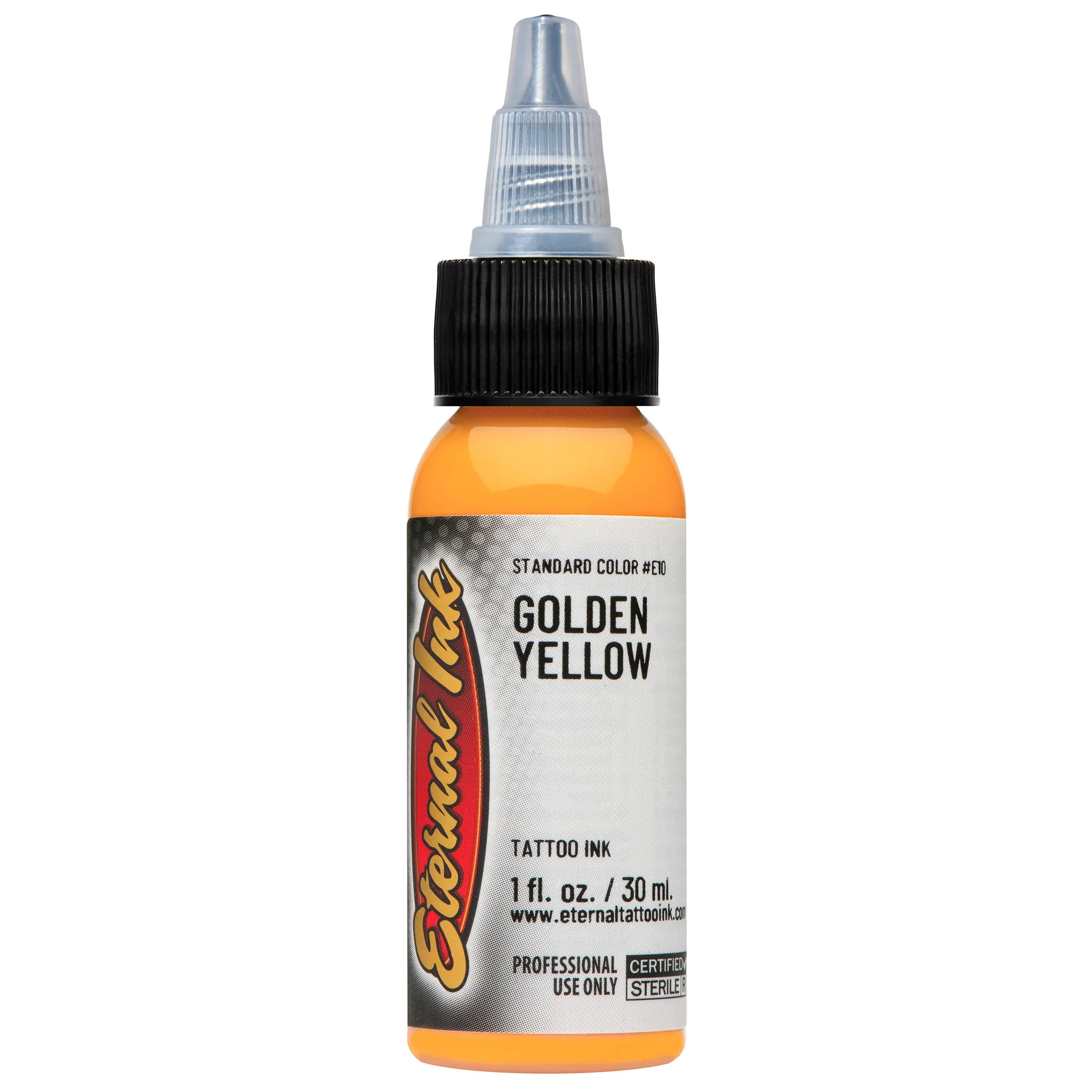 Mực xăm Eternal Golden Yellow chính hãng là tông vàng golden ấm, phù hợp cho tattoo màu, phối màu hoa, lửa, ánh sáng, rồng, rắn, Nhật cổ, old school, neo traditional và các thiết kế cần sắc vàng nổi bật.