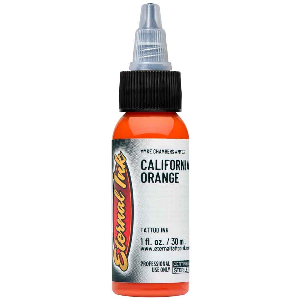 Mực xăm Eternal California Orange chính hãng là tông cam tươi nổi bật, phù hợp cho tattoo màu, phối màu lửa, hoa, rồng, rắn, Nhật cổ, old school, neo traditional và các thiết kế cần sắc cam sáng rõ.