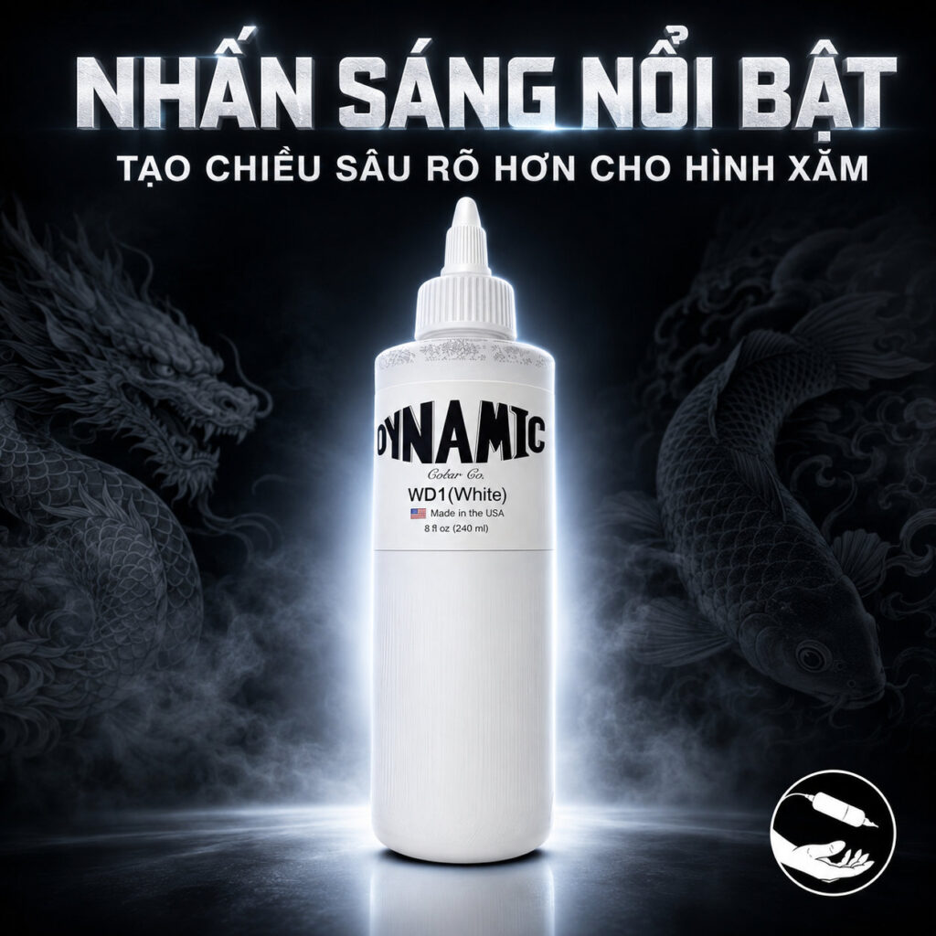 muc-xam-trang-dynamic-wd1-chuyen-tong-mem-muot (4) (1) Mực xăm Dynamic WD1 White 8oz là dòng mực trắng tattoo chuyên dùng để nhấn sáng, chuyển tông, pha màu và tạo highlight trong hình xăm, phù hợp cho thợ xăm chuyên nghiệp cần sắc trắng ổn định.
