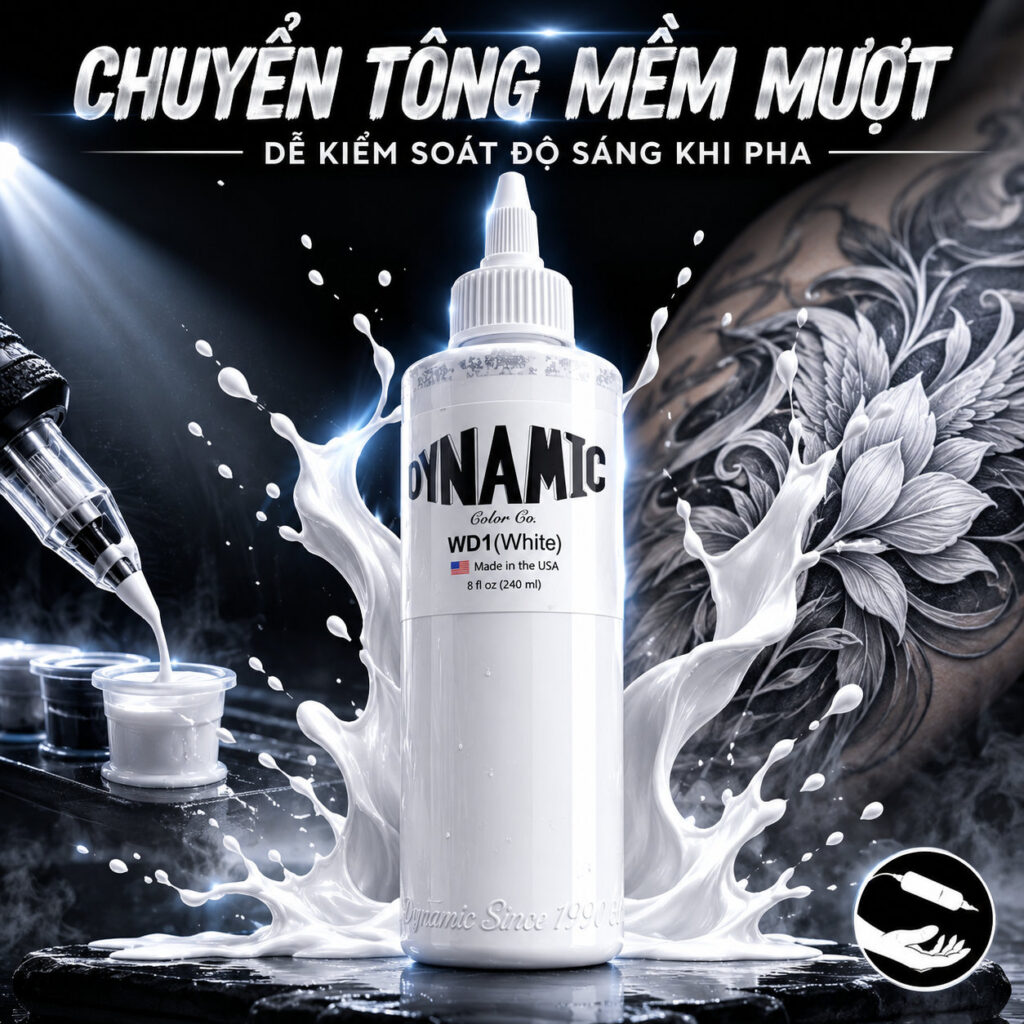 muc-xam-trang-dynamic-wd1-chuyen-tong-mem-muot (5) (1) Mực xăm Dynamic WD1 White 8oz là dòng mực trắng tattoo chuyên dùng để nhấn sáng, chuyển tông, pha màu và tạo highlight trong hình xăm, phù hợp cho thợ xăm chuyên nghiệp cần sắc trắng ổn định.