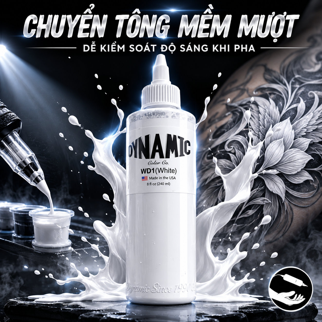 Mực xăm Dynamic WD1 White 8oz là dòng mực trắng tattoo chuyên dùng để nhấn sáng, chuyển tông, pha màu và tạo highlight trong hình xăm, phù hợp cho thợ xăm chuyên nghiệp cần sắc trắng ổn định.