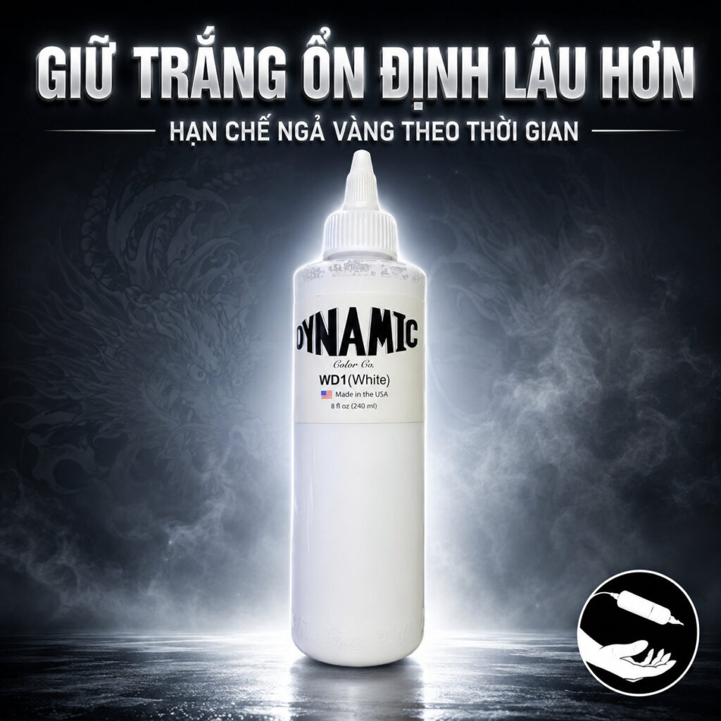 muc-xam-trang-dynamic-wd1-chuyen-tong-mem-muot (6) (1) Mực xăm Dynamic WD1 White 8oz là dòng mực trắng tattoo chuyên dùng để nhấn sáng, chuyển tông, pha màu và tạo highlight trong hình xăm, phù hợp cho thợ xăm chuyên nghiệp cần sắc trắng ổn định.
