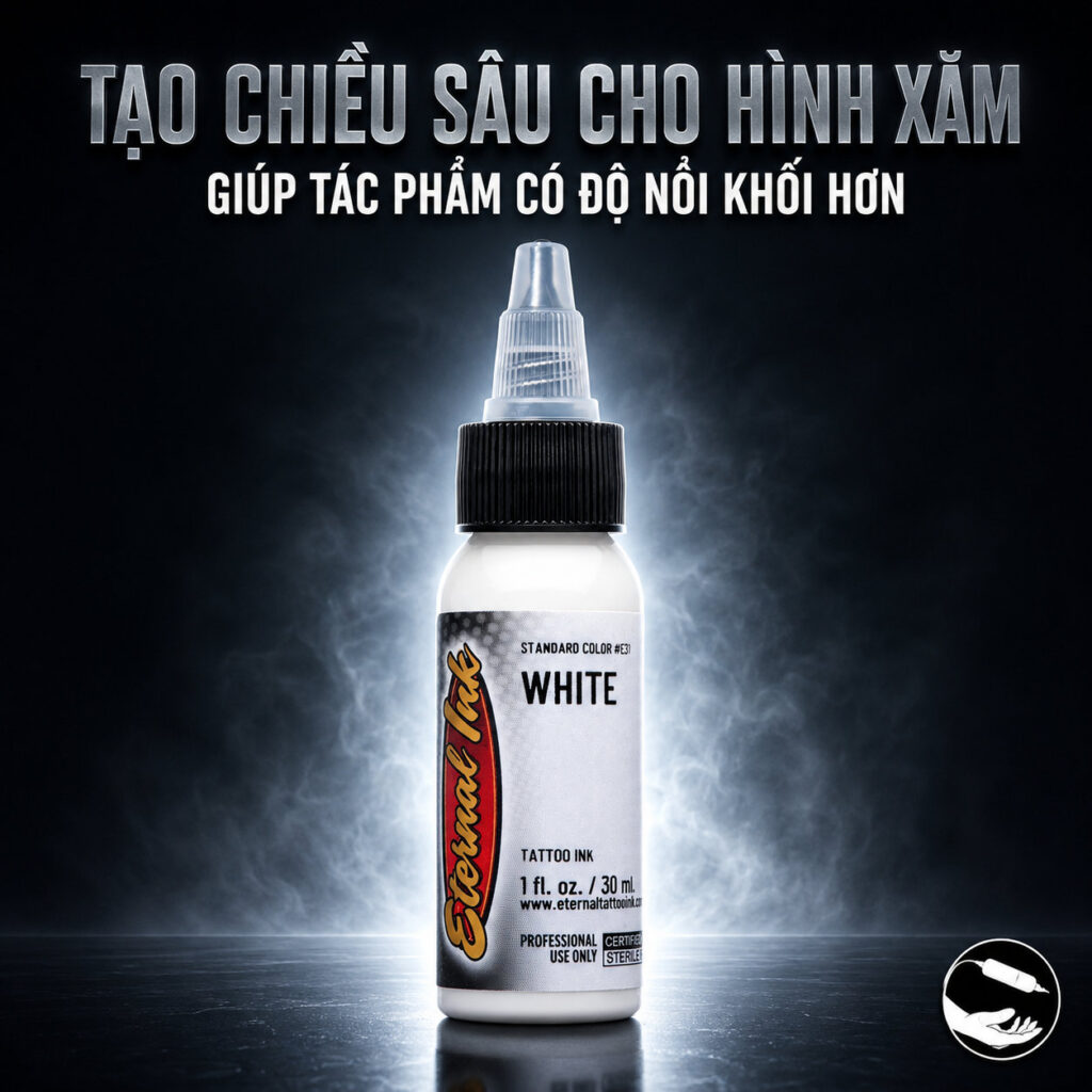 muc-xam-trang-eternal-white-tattoo-ink (1) (1) Mực xăm Eternal White chính hãng là dòng mực trắng dùng cho tattoo, phù hợp để nhấn sáng, tạo highlight, chuyển tông, tăng độ tương phản và xử lý các chi tiết cần sắc trắng rõ trong hình xăm.