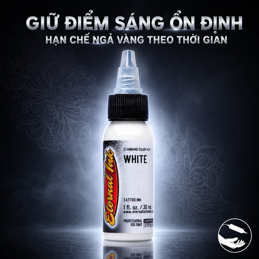 muc-xam-trang-eternal-white-tattoo-ink (2) (1) Mực xăm Eternal White chính hãng là dòng mực trắng dùng cho tattoo, phù hợp để nhấn sáng, tạo highlight, chuyển tông, tăng độ tương phản và xử lý các chi tiết cần sắc trắng rõ trong hình xăm.