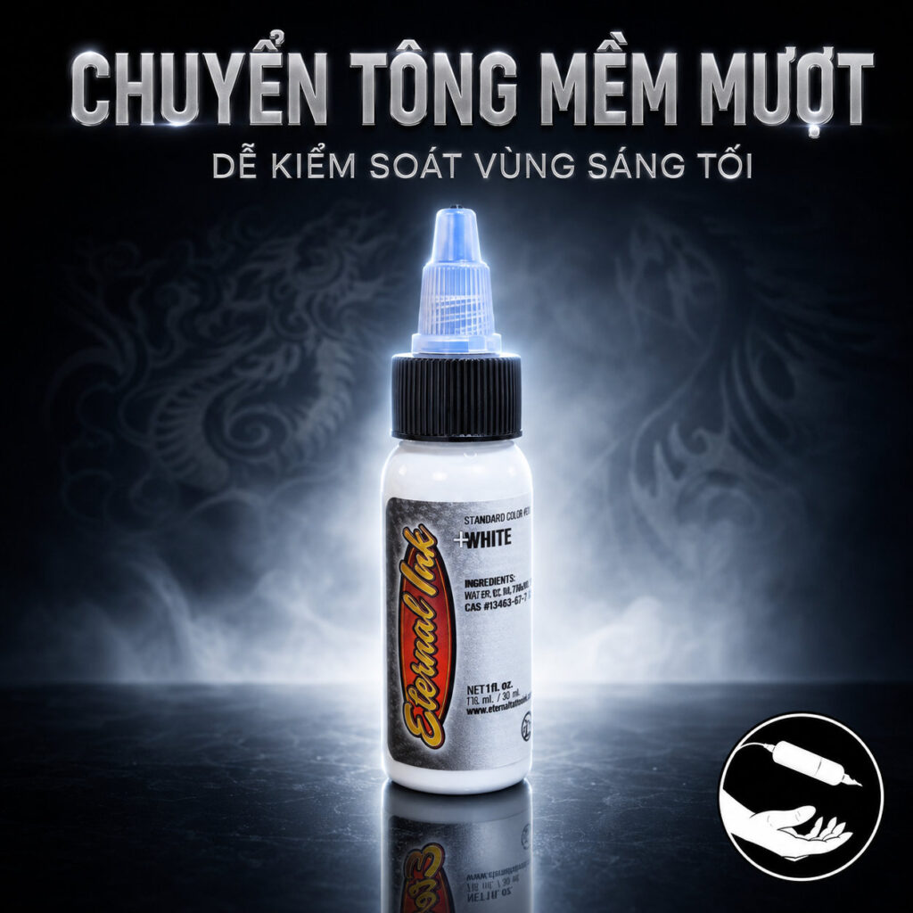 muc-xam-trang-eternal-white-tattoo-ink (4) (1) Mực xăm Eternal White chính hãng là dòng mực trắng dùng cho tattoo, phù hợp để nhấn sáng, tạo highlight, chuyển tông, tăng độ tương phản và xử lý các chi tiết cần sắc trắng rõ trong hình xăm.