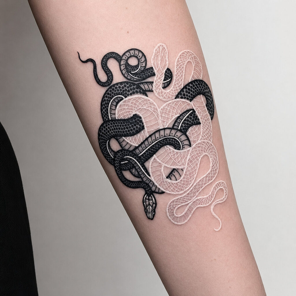 muc-xam-trang-eternal-white-tattoo-ink (7) Hình xăm rắn phối mực đen và mực trắng Eternal White trên cẳng tay