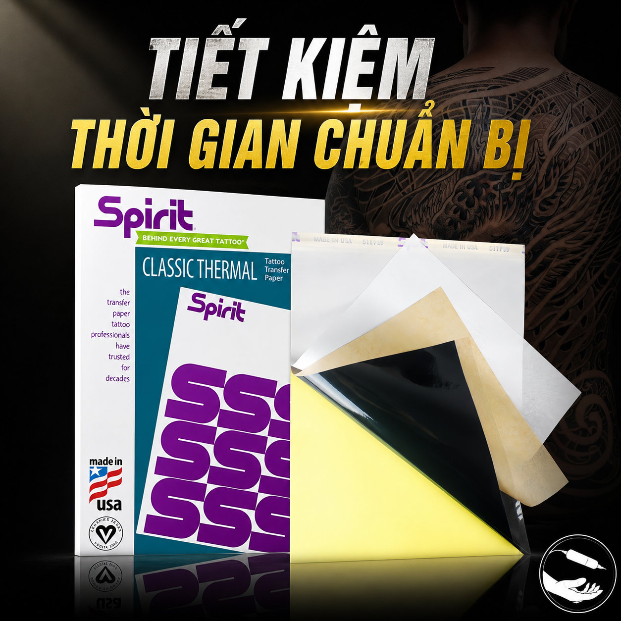 giay-scan-tay-spirit-classic-sheet-carbon (1) Giấy scan hình xăm Spirit Classic Thermal Tattoo Stencil Paper là giấy scan nhiệt chuyên dụng cho thợ xăm, hỗ trợ chuyển mẫu stencil lên da rõ nét, kích thước 8.5 x 11 inch, hộp 100 tờ, Made in USA.
