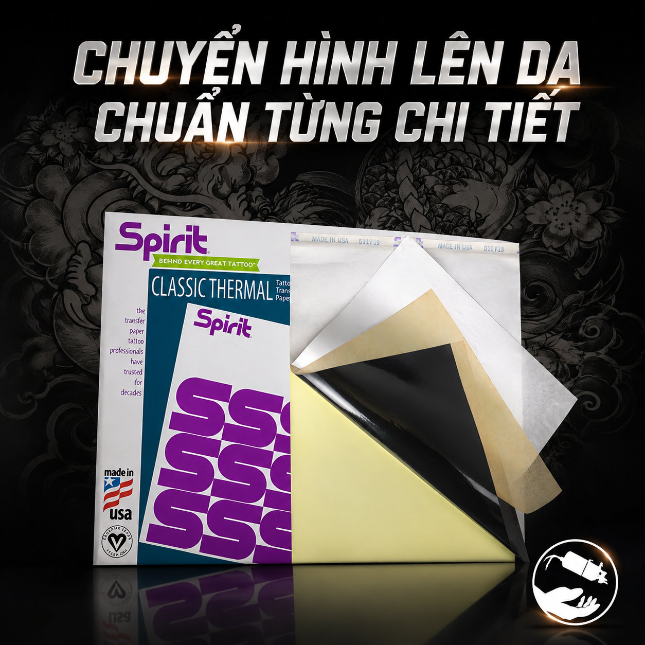 giay-scan-tay-spirit-classic-sheet-carbon (2) Giấy scan hình xăm Spirit Classic Thermal Tattoo Stencil Paper là giấy scan nhiệt chuyên dụng cho thợ xăm, hỗ trợ chuyển mẫu stencil lên da rõ nét, kích thước 8.5 x 11 inch, hộp 100 tờ, Made in USA.
