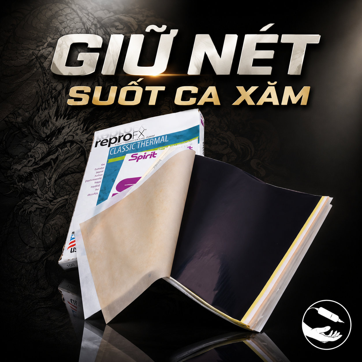 giay-scan-tay-spirit-classic-sheet-carbon (5) Giấy scan hình xăm Spirit Classic Thermal Tattoo Stencil Paper là giấy scan nhiệt chuyên dụng cho thợ xăm, hỗ trợ chuyển mẫu stencil lên da rõ nét, kích thước 8.5 x 11 inch, hộp 100 tờ, Made in USA.