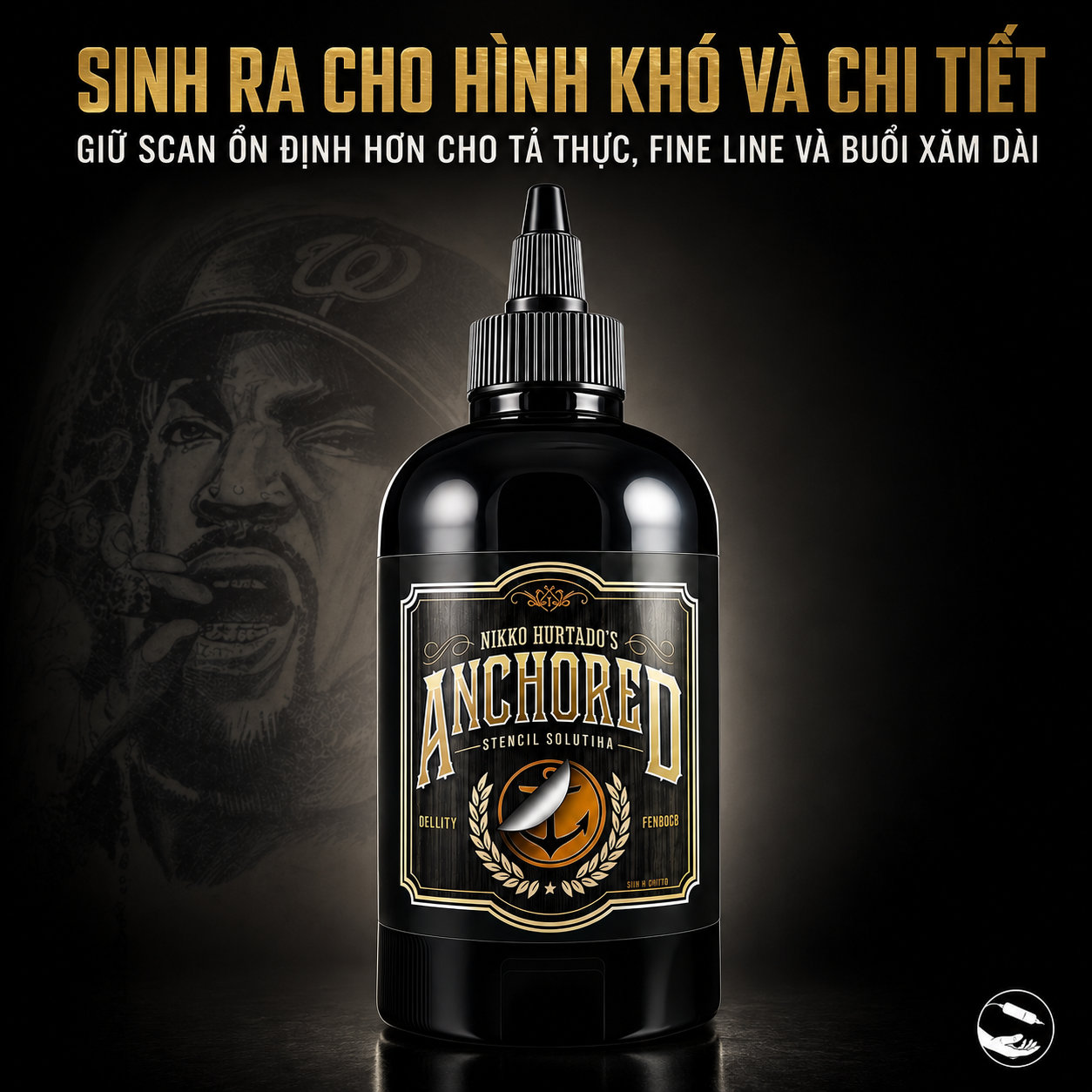 Dung dịch scan hình xăm Anchored Stencil Solution hỗ trợ chuyển mẫu stencil lên da rõ nét, giúp thợ xăm dễ căn bố cục, giữ đường scan ổn định hơn và hạn chế tình trạng mờ, lem nét trong quá trình đi kim.