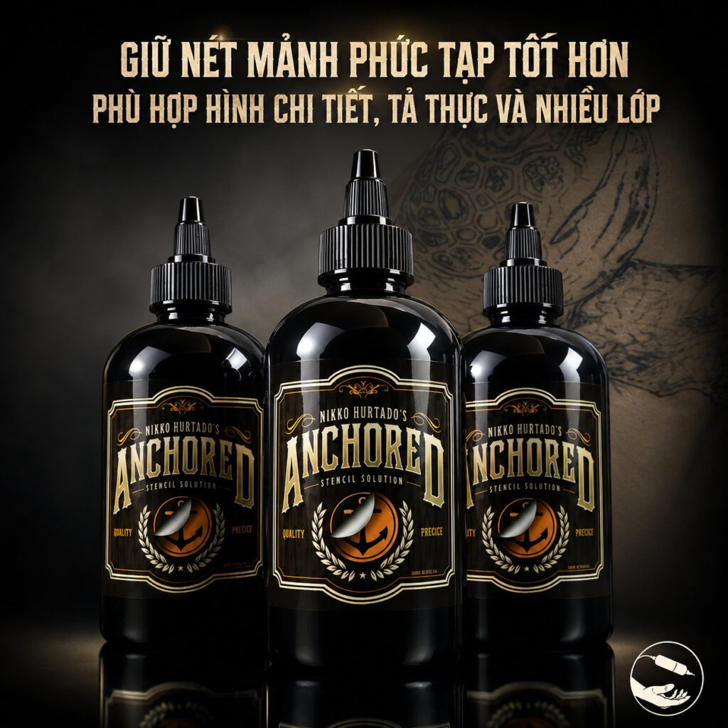 gel-scan-hinh-xam-anchored-4 (2) (1) Dung dịch scan hình xăm Anchored Stencil Solution hỗ trợ chuyển mẫu stencil lên da rõ nét, giúp thợ xăm dễ căn bố cục, giữ đường scan ổn định hơn và hạn chế tình trạng mờ, lem nét trong quá trình đi kim.