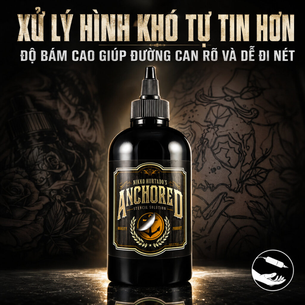 gel-scan-hinh-xam-anchored-4 (5) (1) Dung dịch scan hình xăm Anchored Stencil Solution hỗ trợ chuyển mẫu stencil lên da rõ nét, giúp thợ xăm dễ căn bố cục, giữ đường scan ổn định hơn và hạn chế tình trạng mờ, lem nét trong quá trình đi kim.