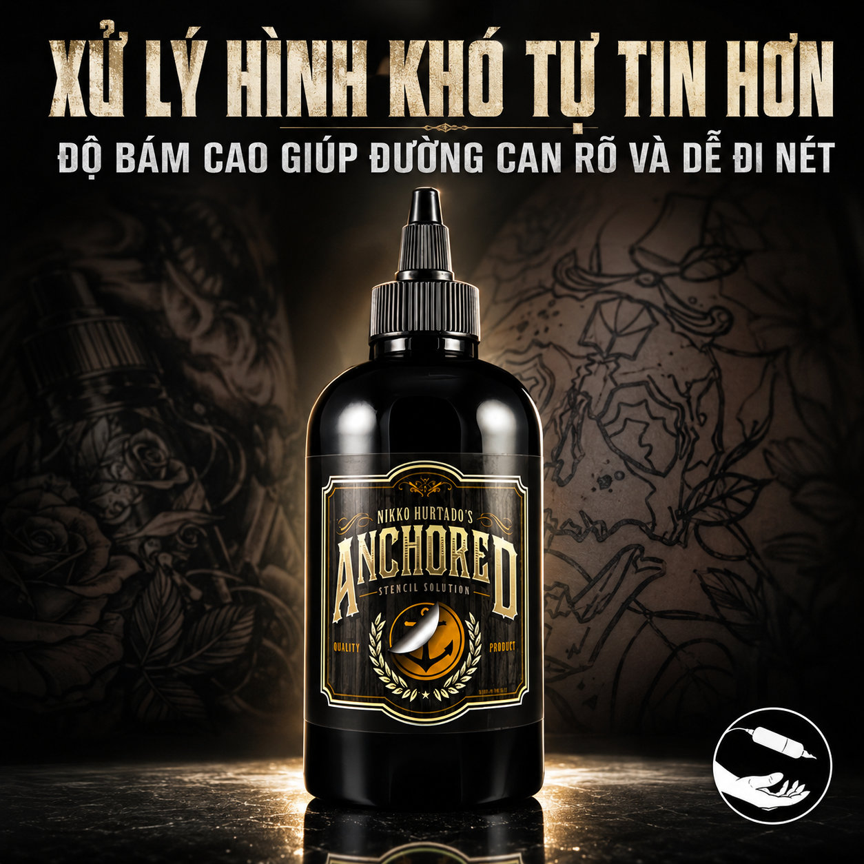 Dung dịch scan hình xăm Anchored Stencil Solution hỗ trợ chuyển mẫu stencil lên da rõ nét, giúp thợ xăm dễ căn bố cục, giữ đường scan ổn định hơn và hạn chế tình trạng mờ, lem nét trong quá trình đi kim.