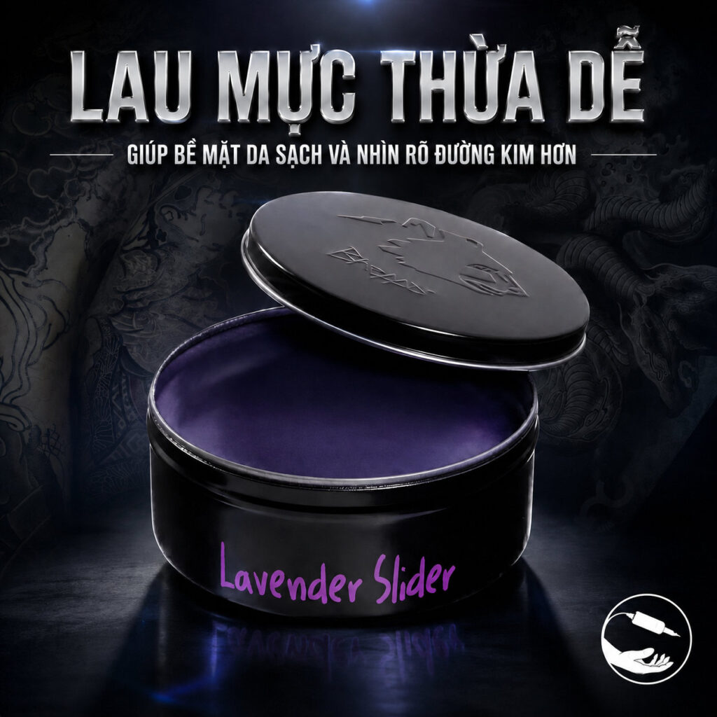 Kem bôi xăm Bheppo Lavender Slider hỗ trợ làm mềm da, giảm ma sát khi đi kim, giúp thao tác đi nét, đổ bóng và tô màu mượt hơn trong quá trình xăm.