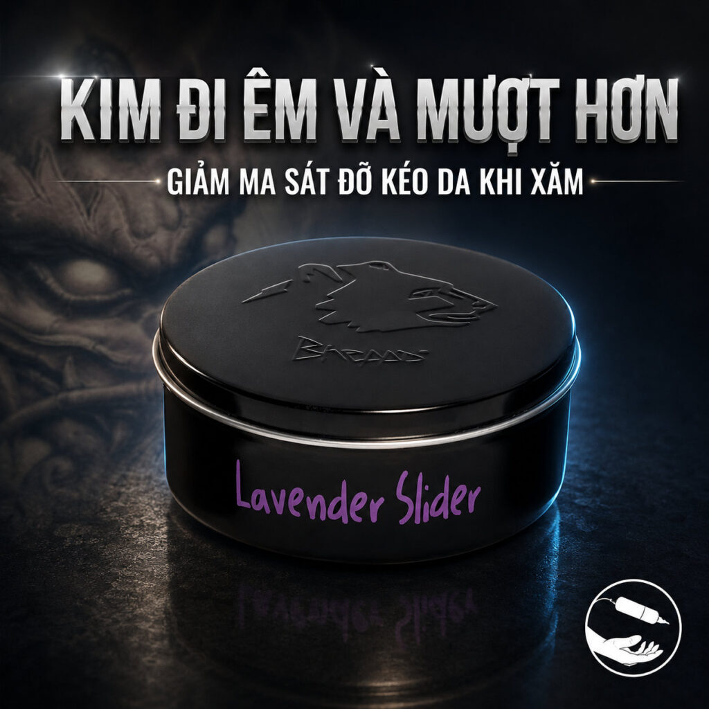 Kem bôi xăm Bheppo Lavender Slider hỗ trợ làm mềm da, giảm ma sát khi đi kim, giúp thao tác đi nét, đổ bóng và tô màu mượt hơn trong quá trình xăm.
