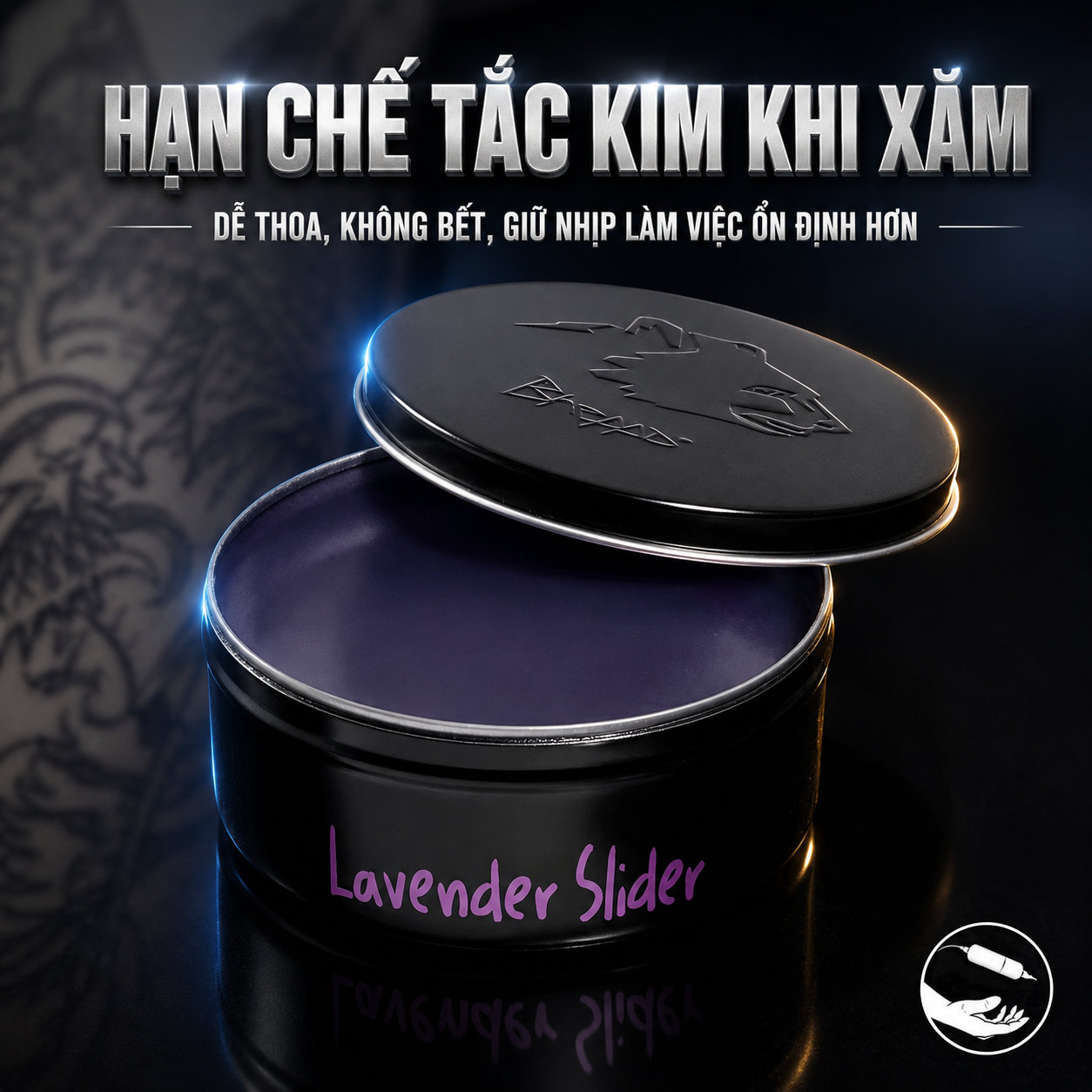 Kem bôi xăm Bheppo Lavender Slider hỗ trợ làm mềm da, giảm ma sát khi đi kim, giúp thao tác đi nét, đổ bóng và tô màu mượt hơn trong quá trình xăm.