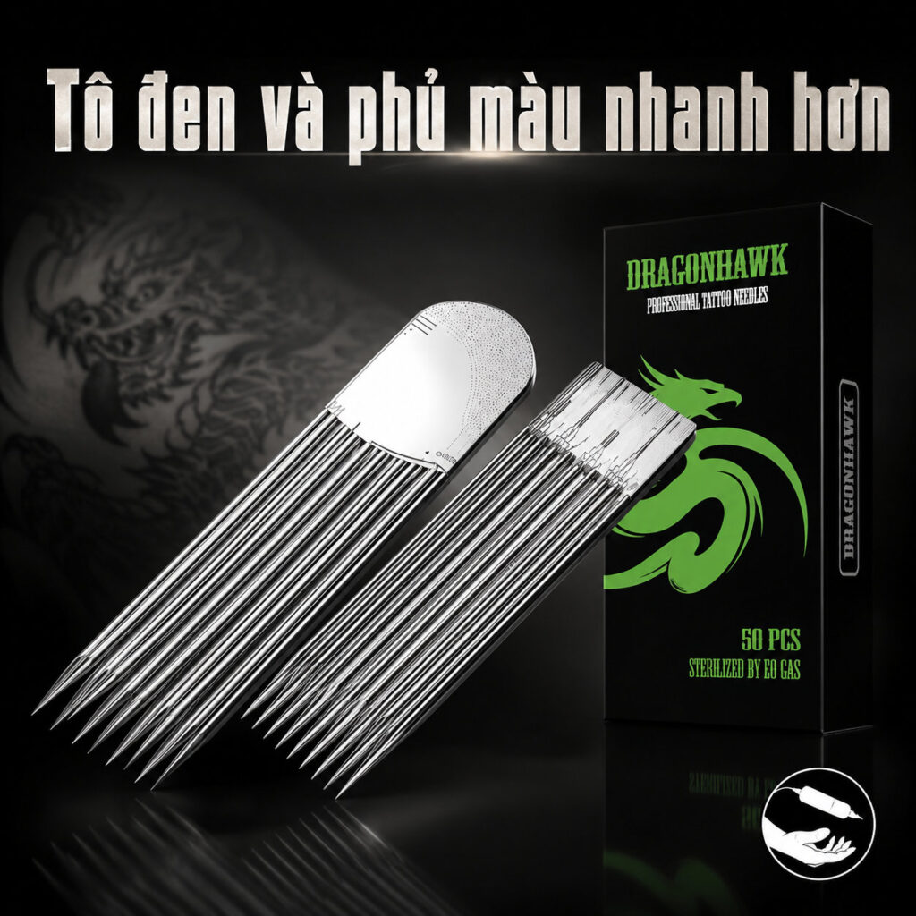 kim-xam-dragonhawk-professional-tattoo-needles (3) Kim xăm truyền thống Dragonhawk Professional Tattoo Needles là dòng kim dài dùng cho máy xăm coil hoặc tay cầm truyền thống, đóng hộp 50 cây, tiệt trùng EO Gas, phù hợp cho thợ xăm dùng đi nét, đánh bóng, tô màu và xử lý chi tiết theo từng cấu hình kim.