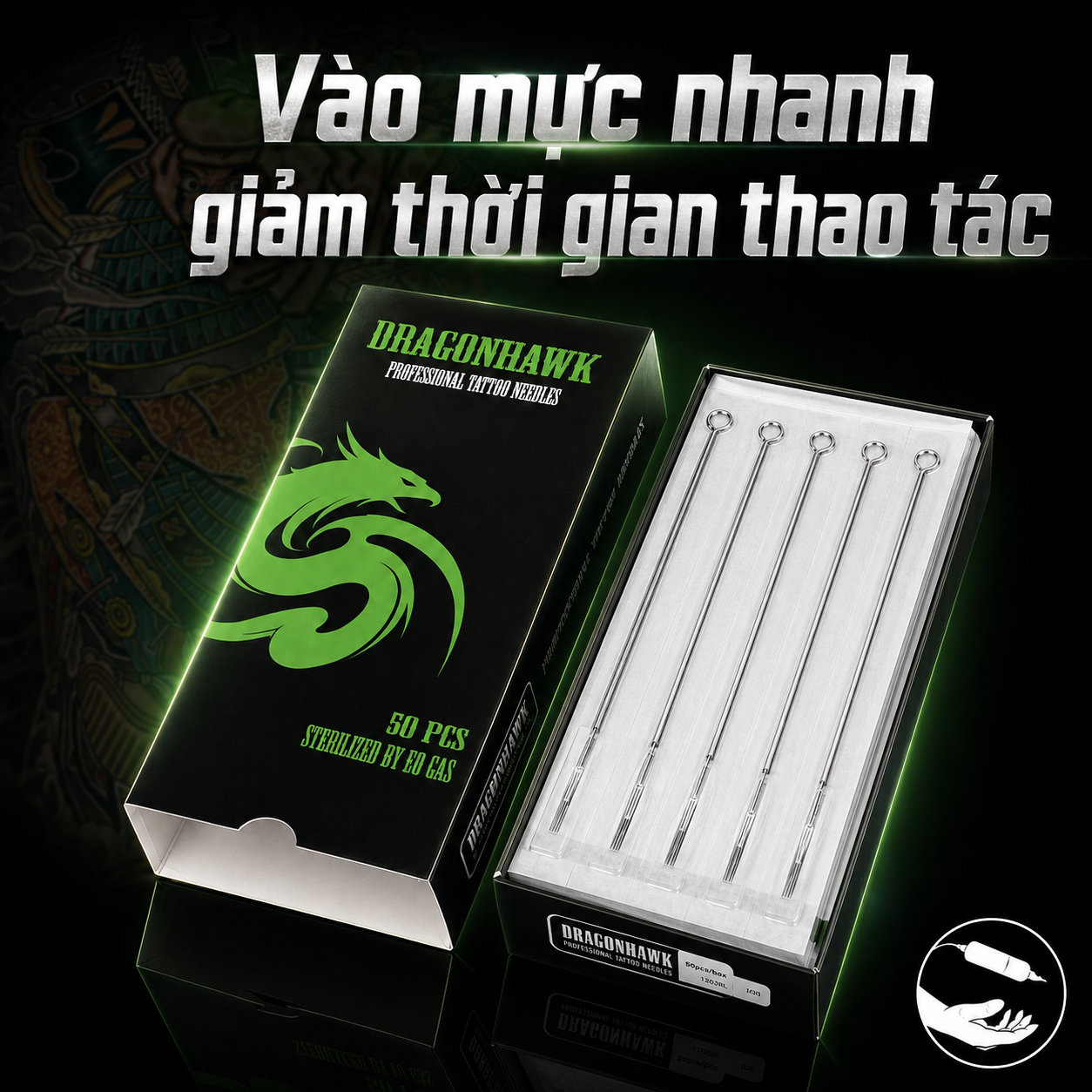 Kim xăm Dragonhawk Professional Tattoo Needles đóng gói riêng từng cây, dùng cho máy coil và tay cầm truyền thống.