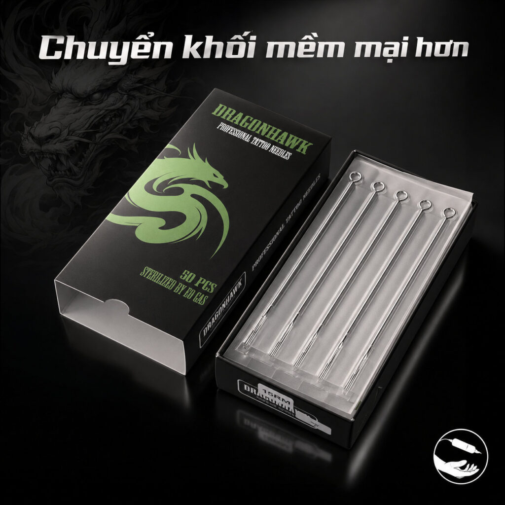 kim-xam-dragonhawk-professional-tattoo-needles (8) Kim xăm truyền thống Dragonhawk Professional Tattoo Needles là dòng kim dài dùng cho máy xăm coil hoặc tay cầm truyền thống, đóng hộp 50 cây, tiệt trùng EO Gas, phù hợp cho thợ xăm dùng đi nét, đánh bóng, tô màu và xử lý chi tiết theo từng cấu hình kim.