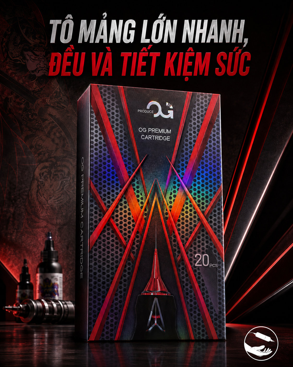 Hộp kim xăm OG đỏ Premium Cartridge 20 cây cho tô mảng lớn nhanh và đều tay