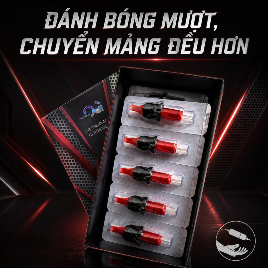 kim-xam-og-premium-cartridge-vao-muc-nhanh (13) (1) Kim xăm OG Premium Cartridge đỏ là dòng kim đạn dùng cho máy xăm pen, đóng hộp 20 cái, phù hợp cho thợ xăm thao tác đi nét, đổ bóng, tô màu và xử lý chi tiết hình xăm theo từng cấu hình kim.