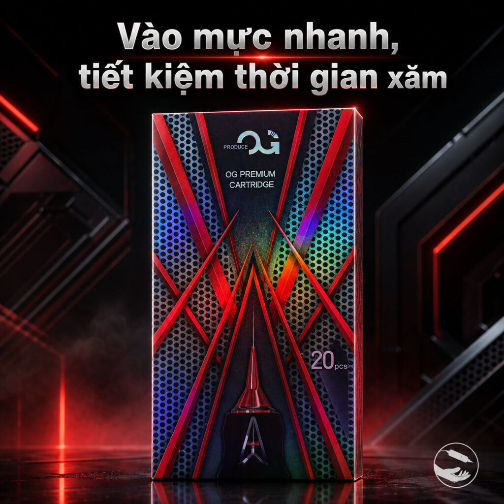 kim-xam-og-premium-cartridge-vao-muc-nhanh (14) (1) Kim xăm OG Premium Cartridge đỏ là dòng kim đạn dùng cho máy xăm pen, đóng hộp 20 cái, phù hợp cho thợ xăm thao tác đi nét, đổ bóng, tô màu và xử lý chi tiết hình xăm theo từng cấu hình kim.