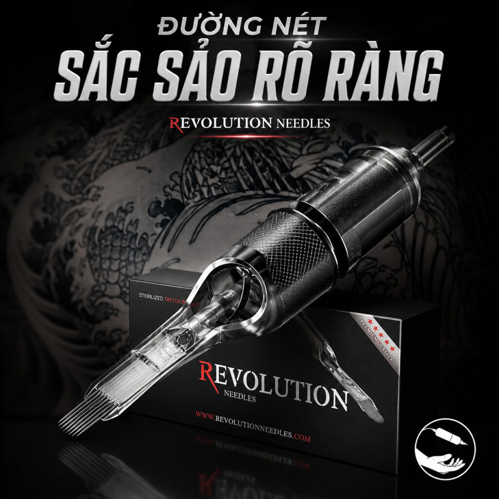 Kim xăm Revolution Needles là dòng kim xăm tiệt trùng dùng cho thợ xăm chuyên nghiệp, hỗ trợ thao tác đi nét, đổ bóng, tô màu và xử lý chi tiết hình xăm ổn định hơn trong quá trình làm việc.