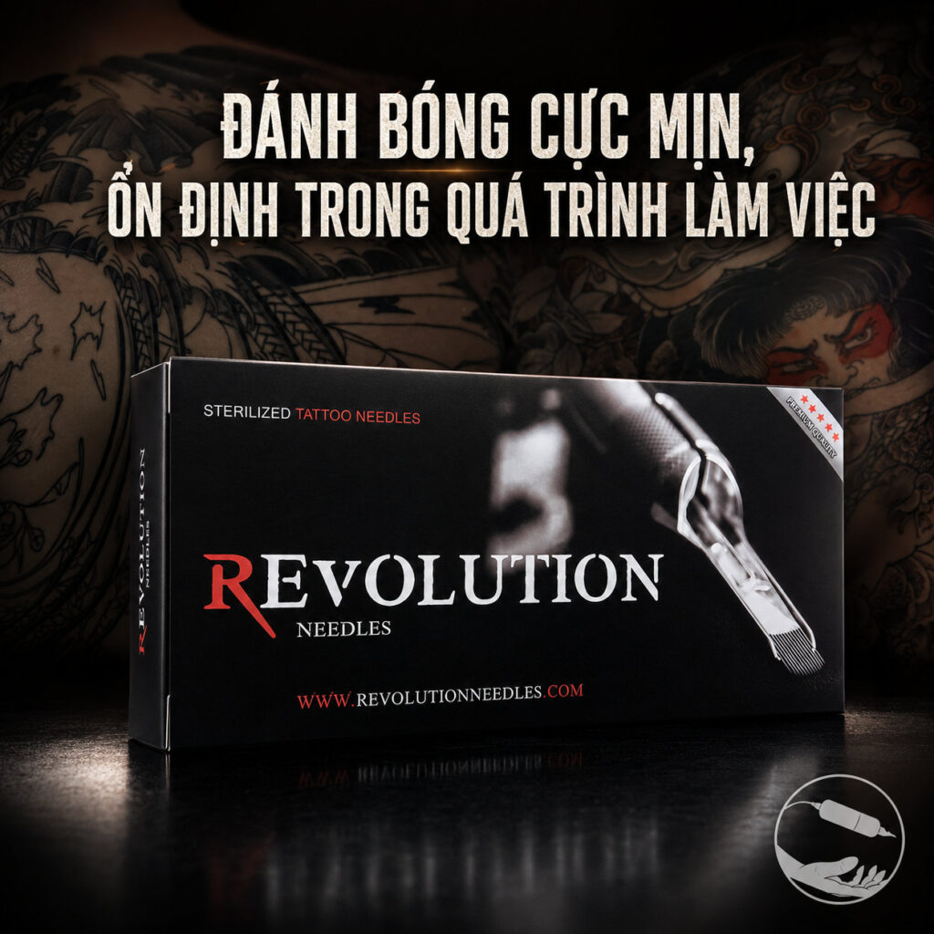 Kim xăm Revolution Needles là dòng kim xăm tiệt trùng dùng cho thợ xăm chuyên nghiệp, hỗ trợ thao tác đi nét, đổ bóng, tô màu và xử lý chi tiết hình xăm ổn định hơn trong quá trình làm việc.