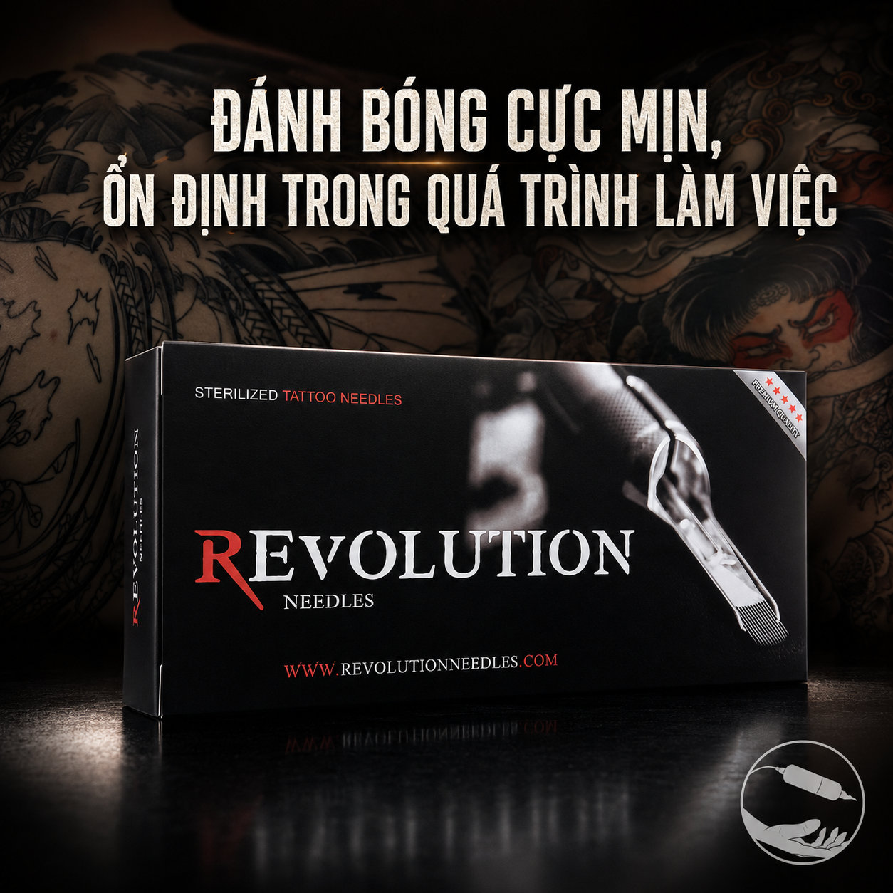 Kim xăm Revolution Needles là dòng kim xăm tiệt trùng dùng cho thợ xăm chuyên nghiệp, hỗ trợ thao tác đi nét, đổ bóng, tô màu và xử lý chi tiết hình xăm ổn định hơn trong quá trình làm việc.