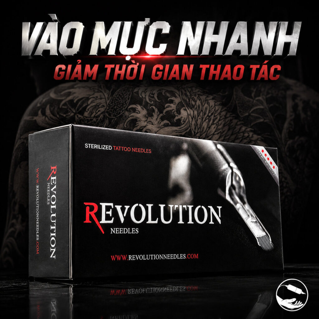 Kim xăm Revolution Needles là dòng kim xăm tiệt trùng dùng cho thợ xăm chuyên nghiệp, hỗ trợ thao tác đi nét, đổ bóng, tô màu và xử lý chi tiết hình xăm ổn định hơn trong quá trình làm việc.