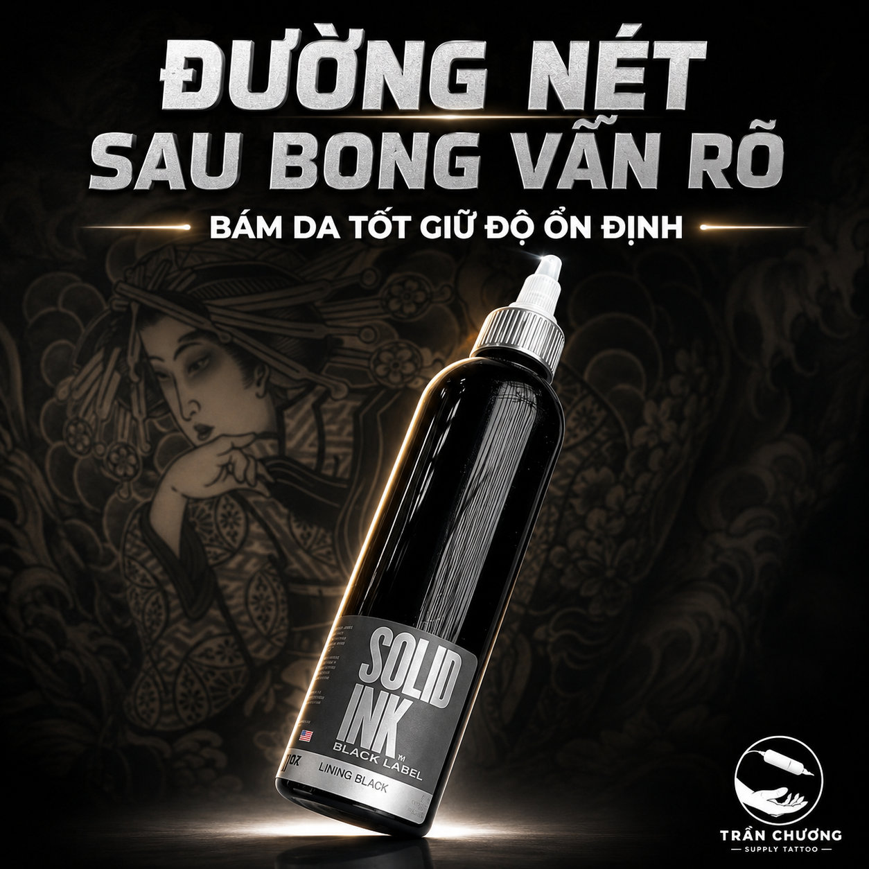 Mực xăm đen Solid Ink Lining Black đặt trên nền hình xăm geisha Nhật cổ đen xám